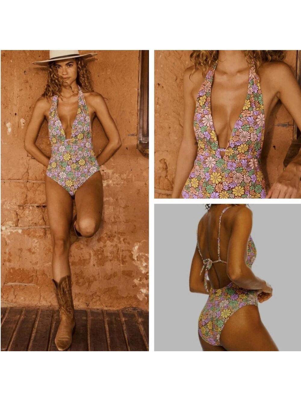 Roxy All About Sol One Piece Swimsuit Sz Med Floral Plunge V Neck Hippie Retro